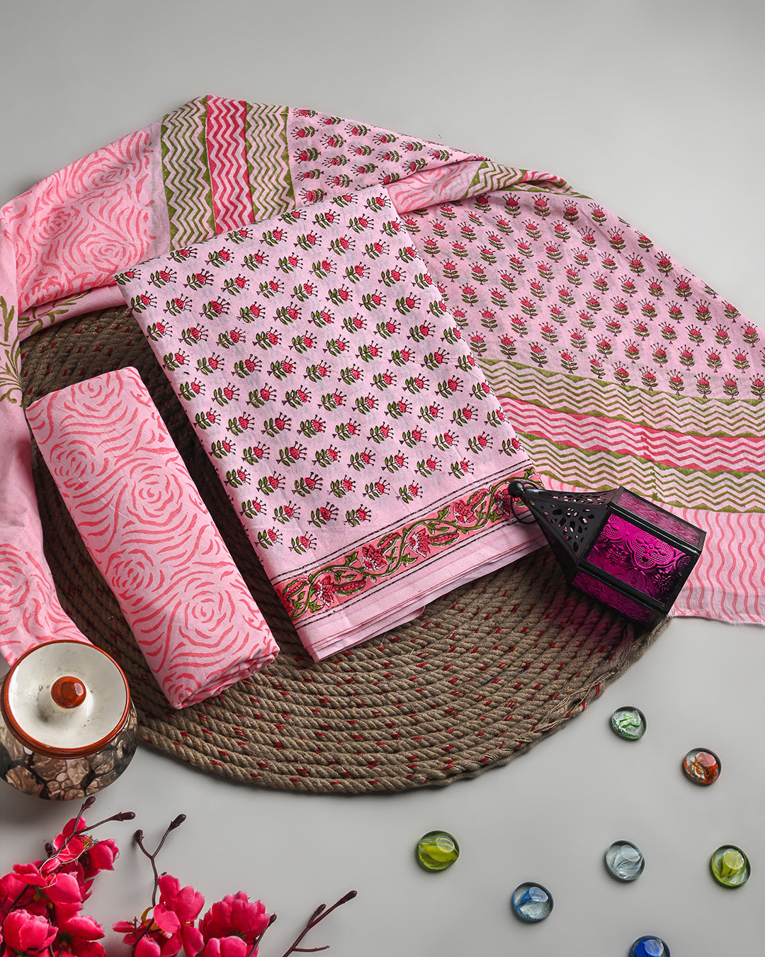 New Floral Pink Hand Block Printed Cotton Suit With Cotton Dupatta(EACOTMU42)
