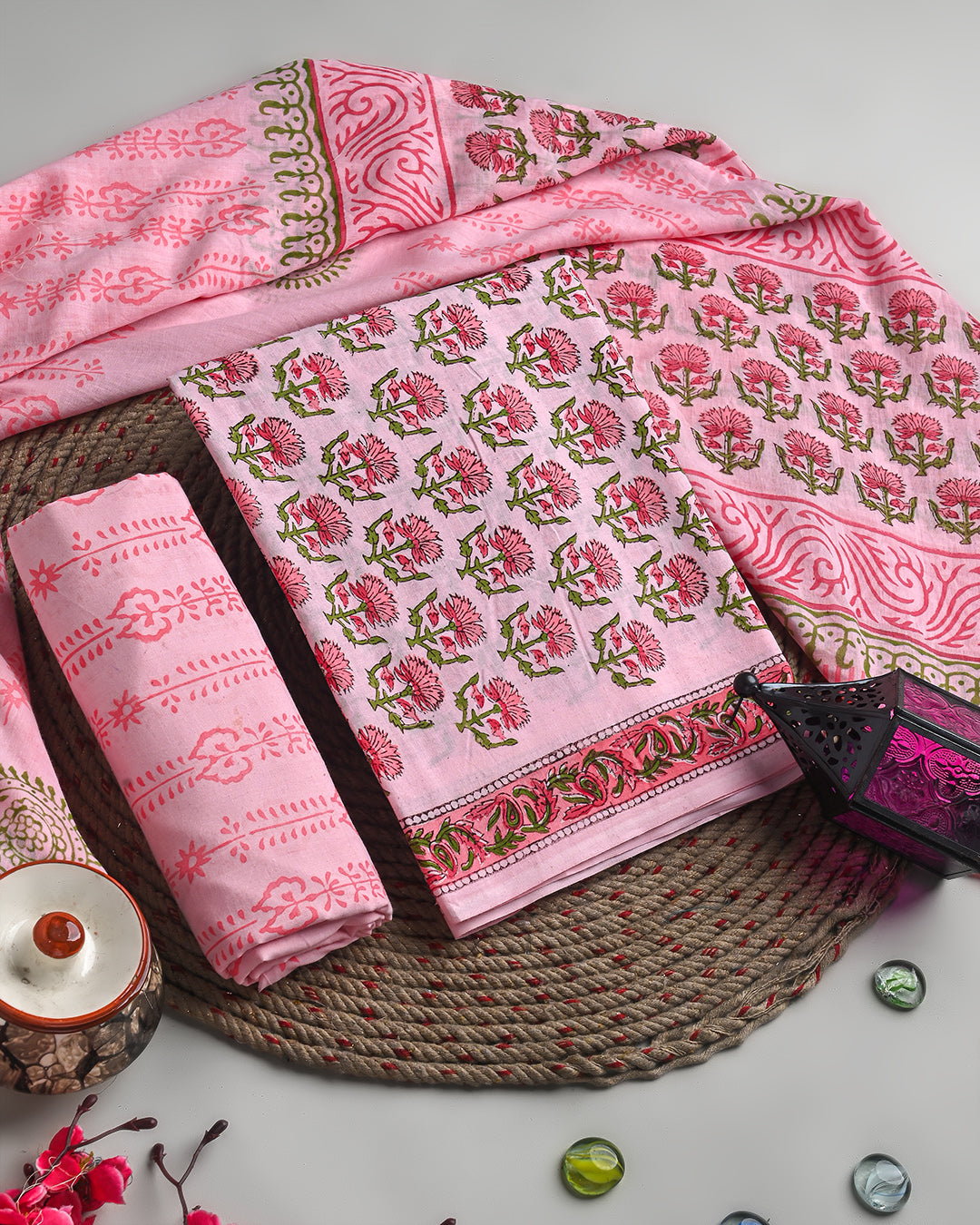 New Floral Pink Hand Block Printed Cotton Suit With Cotton Dupatta(EACOTMU40)
