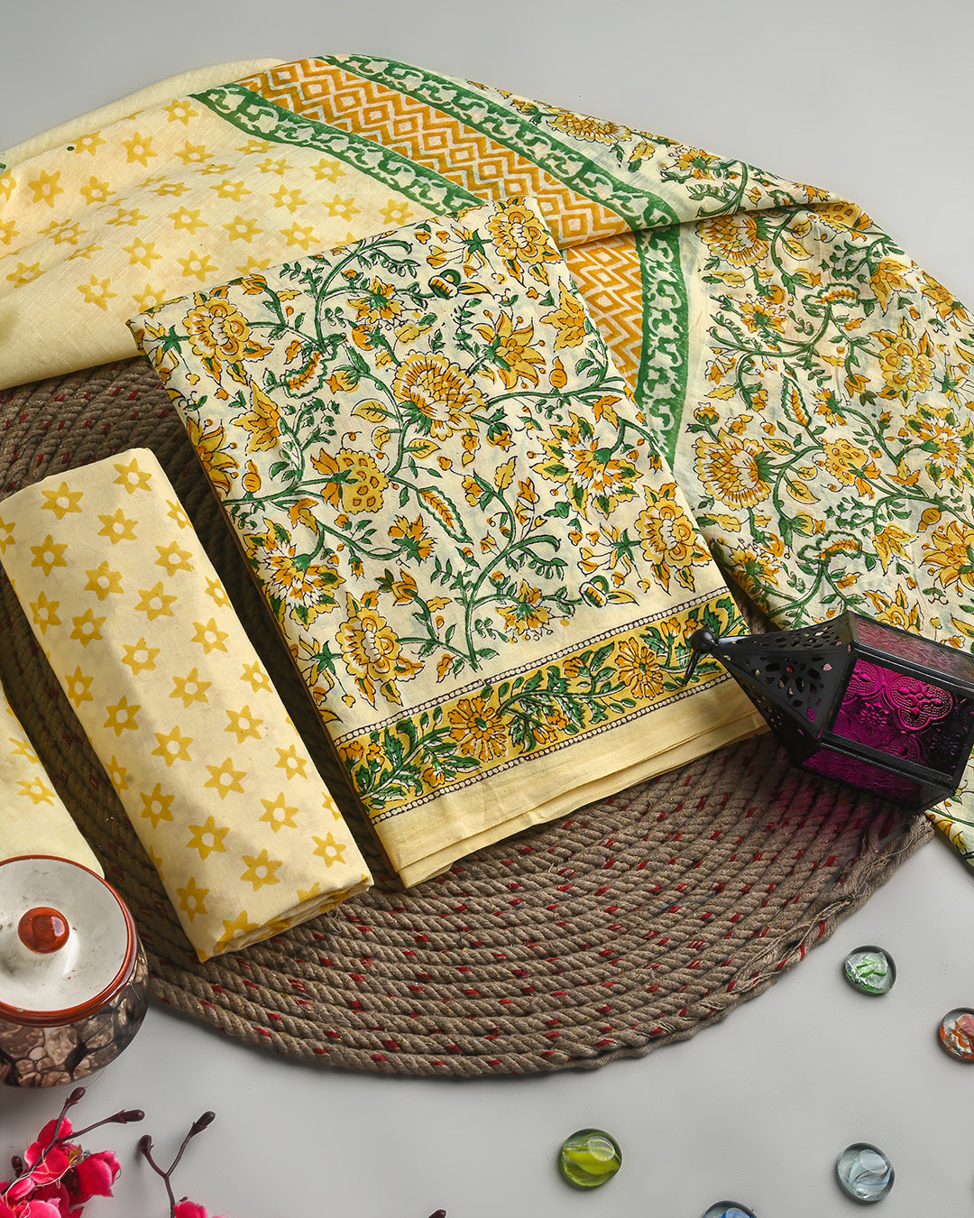 Exclusive Yellow  Hand Block  Jaal Printed Cotton Suit With Mulmul Dupatta  EACOTMU41