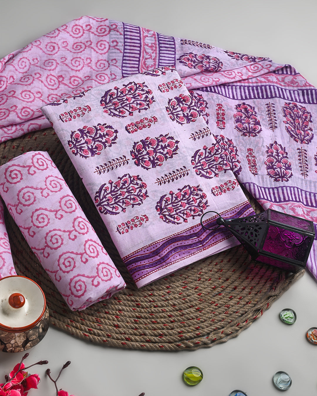 Premium Pink Dabu  Print Cotton Suit With Cotton Dupatta EACOTMU43