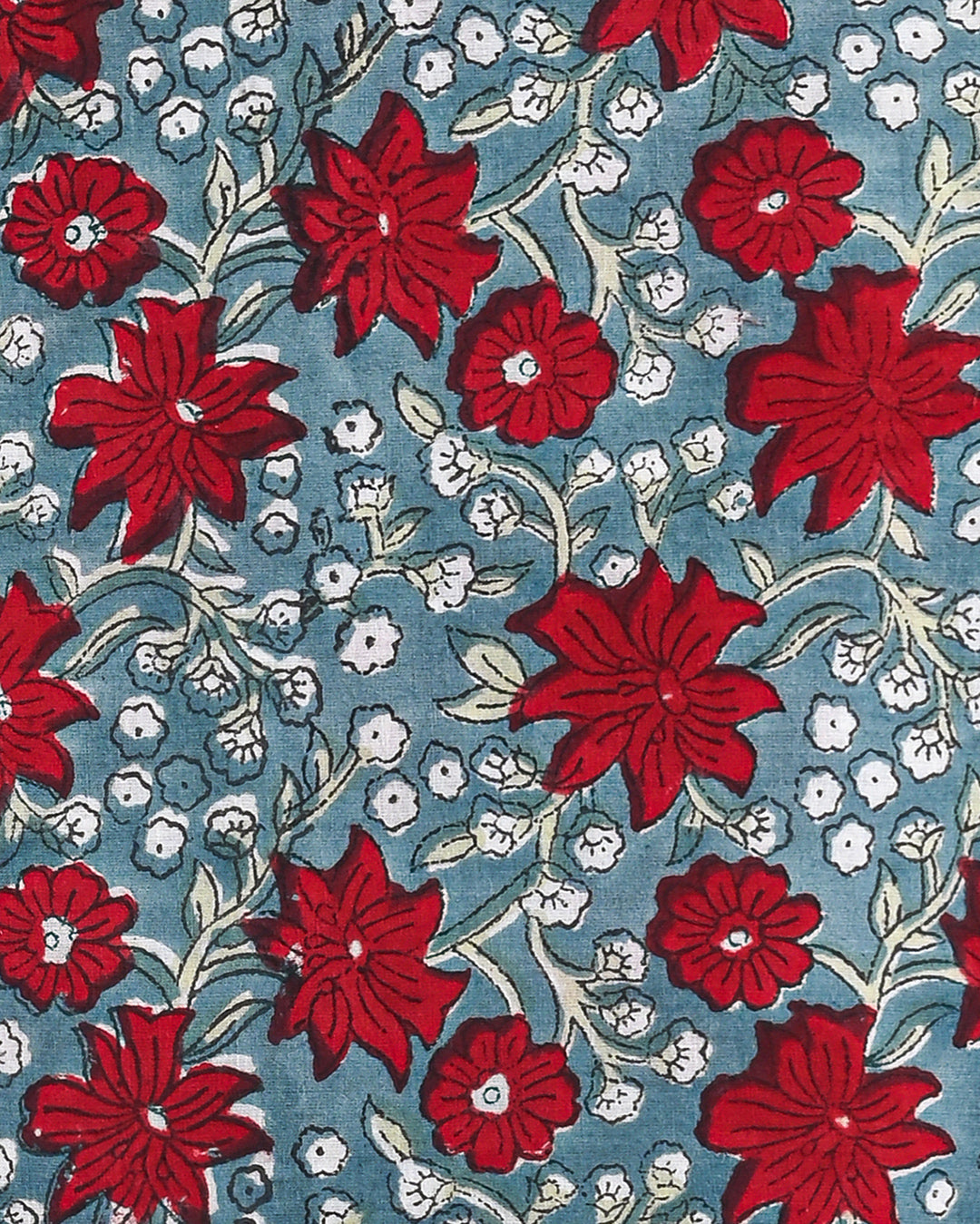 Designer Blue and Red floral  Hand Printed Cotton Suit With Cotton Dupatta EACOTMU34
