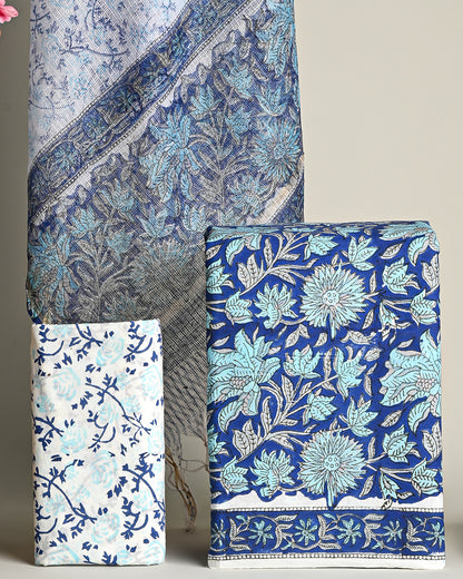 Exclusive  Blue Hand Block Print Cotton Suit With Kota Dupatta(BSCOTKO02)