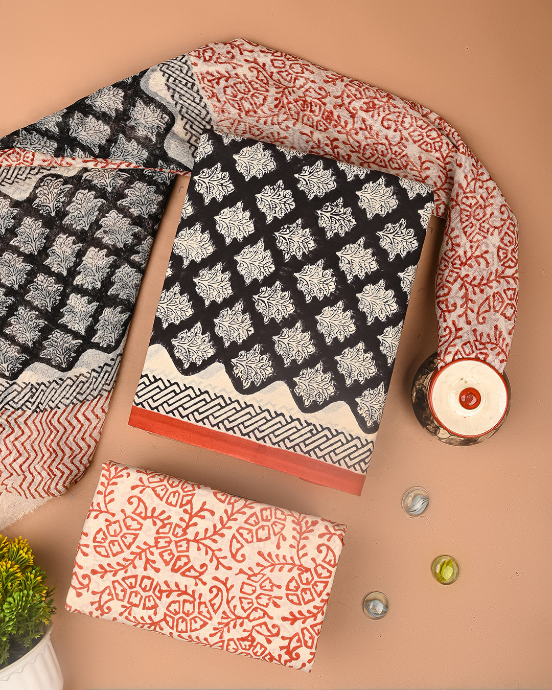 Tradiitional Sanganeri Printed Cotton Suit With Chiffon Dupatta (BSCOTCH25)