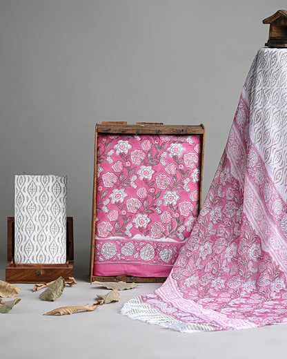 Premium Pink With White Floral Sanganeri Print Cotton Suit With Chiffon Dupatta (BSCOTCH31)