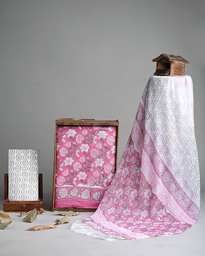 Premium Pink With White Floral Sanganeri Print Cotton Suit With Chiffon Dupatta (BSCOTCH31)