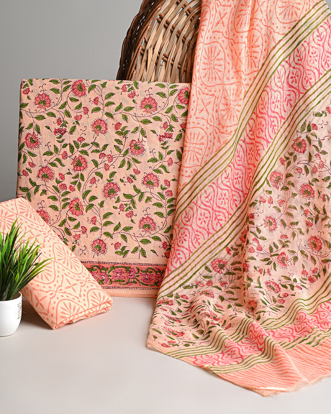 New Peach Premium Hand Block Sanganeri Print Cotton Suit With Chiffon Dupatta (BSCOTCH08)