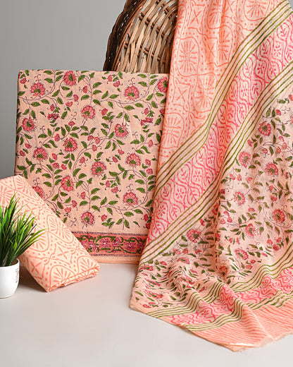 New Peach Premium Hand Block Sanganeri Print Cotton Suit With Chiffon Dupatta (BSCOTCH08)