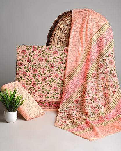 New Peach Premium Hand Block Sanganeri Print Cotton Suit With Chiffon Dupatta (BSCOTCH08)