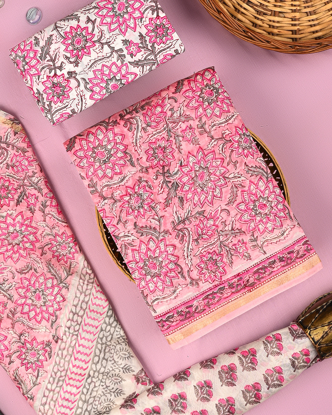 Premium Sanganeri Print Cotton Suit With Kota Doria Dupatta(BSCOTKO102)
