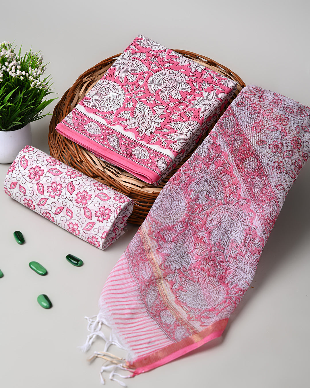 Premium Pink Floral Sanganeri Print Cotton Suit With Kota Doria Dupatta (EACOTKO08)