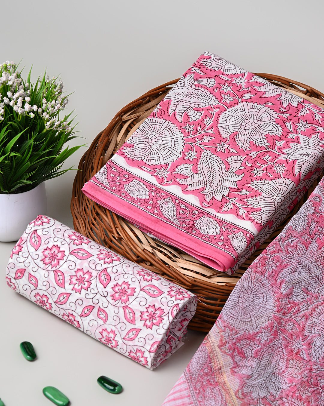 Premium Pink Floral Sanganeri Print Cotton Suit With Kota Doria Dupatta (EACOTKO08)