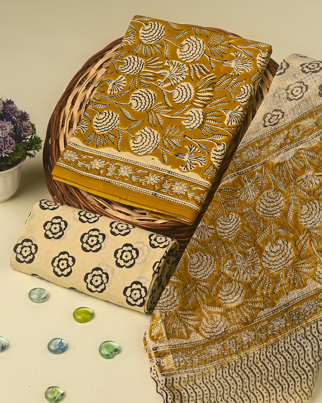 New Yellow Cotton Suit With Kota Doria Dupatta (EACOTKO16)