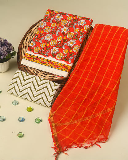 Exclusive Orange Floral Cotton Suit With Kota Dupatta EACOTKO17