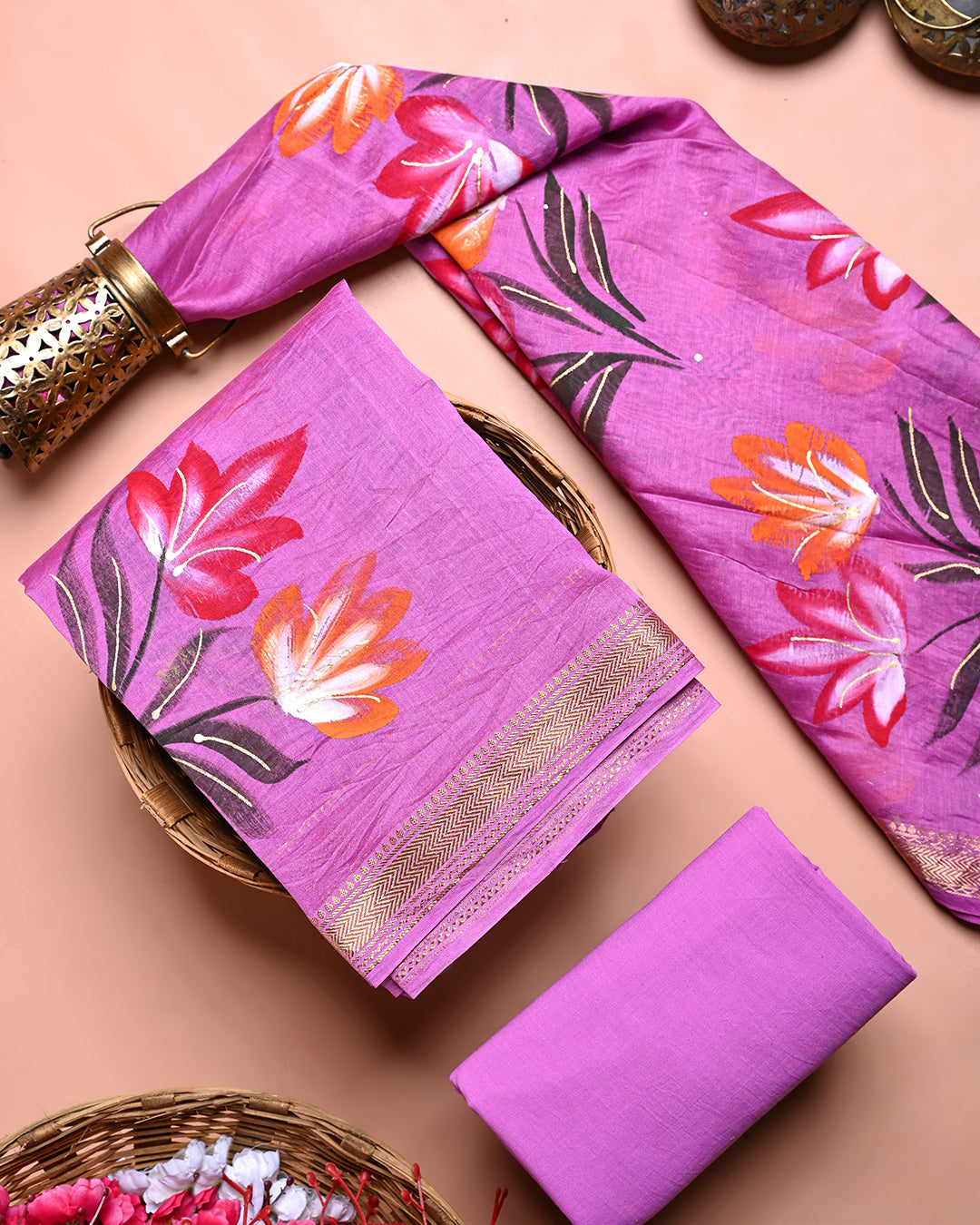 New Traditional Hand Printed Maheshwari Silk Suit (BSMAHMA81)