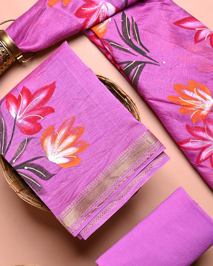 New Traditional Hand Printed Maheshwari Silk Suit (BSMAHMA81)