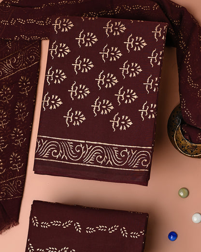Traditional Gold Printed Cotton Suit With Chiffon Dupatta (BSCOTCH105)