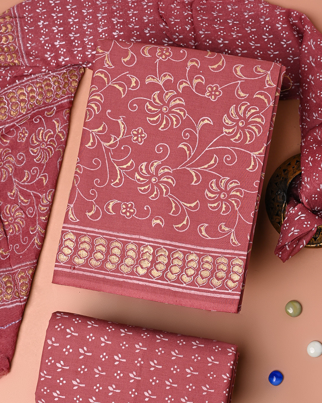 Premium Khadi Gold Printed Cotton Suit With Chiffon Dupatta (BSCOTCH110)