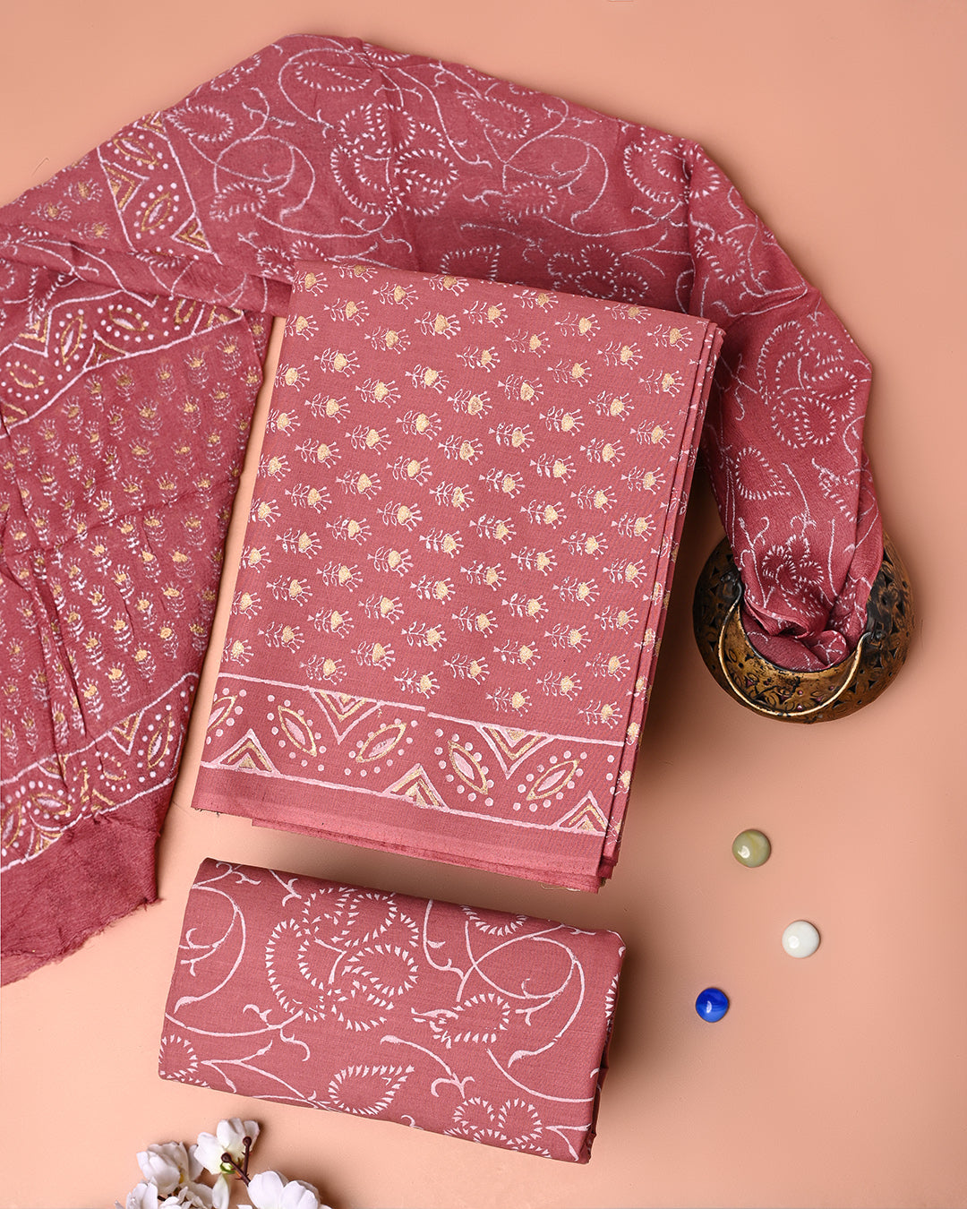 Premium Khadi Gold Printed Cotton Suit With Chiffon Dupatta (BSCOTCH106)