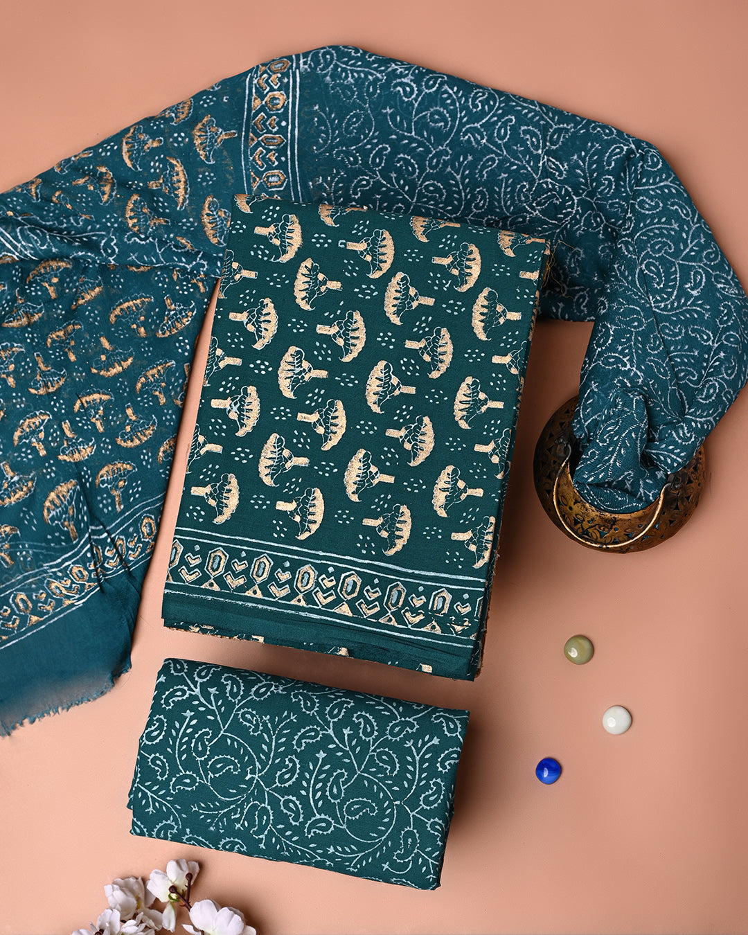 Premium Khadi Gold Printed Cotton Suit With Chiffon Dupatta (BSCOTCH107)