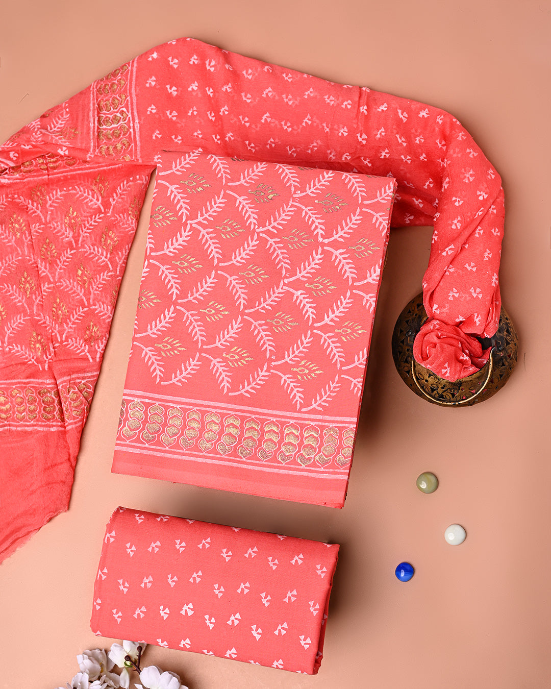 Premium Hand Block Khadi Gold Printed Cotton Suit With Chiffon Dupatta (BSCOTCH109)