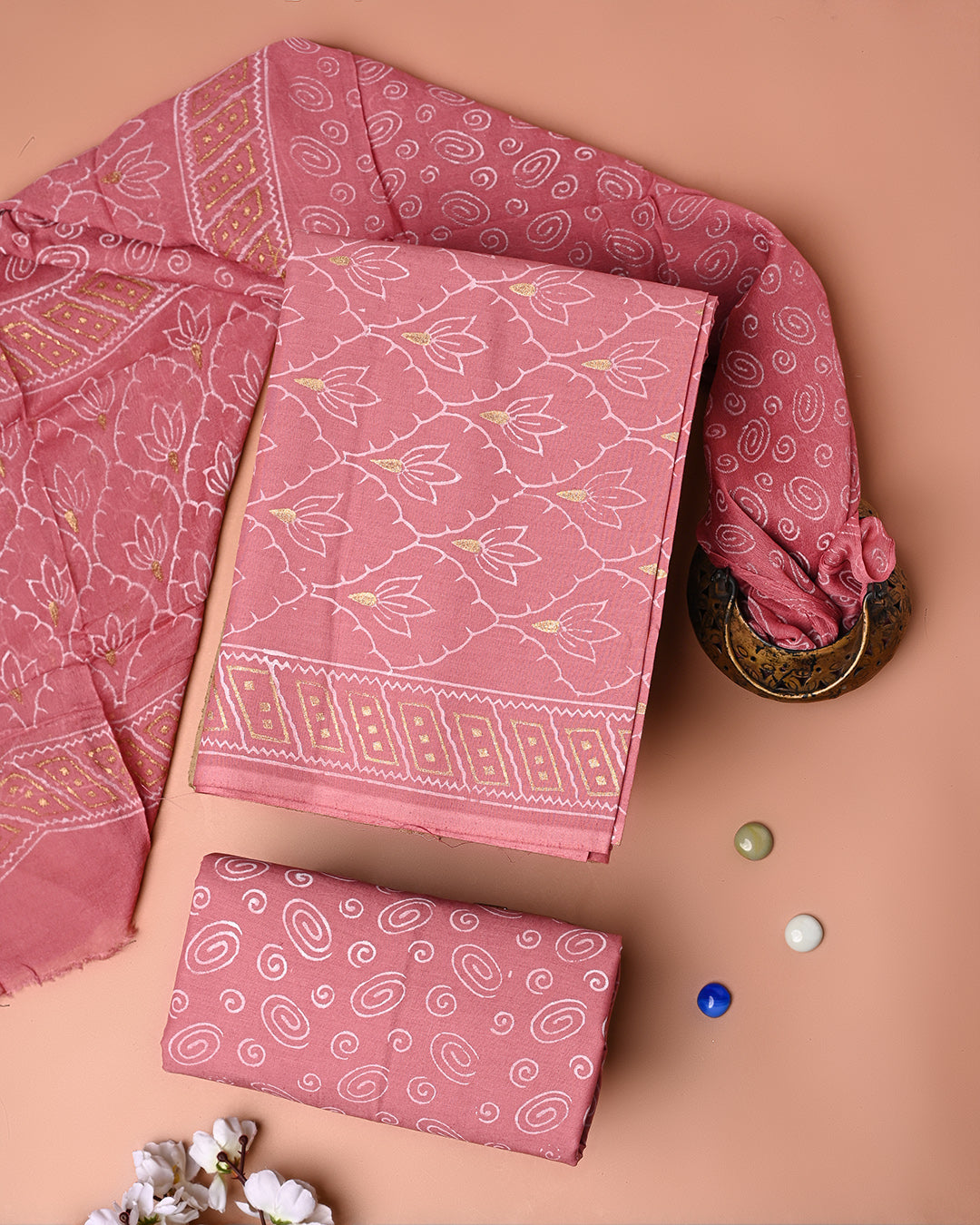 Premium Khadi Gold Printed Cotton Suit With Chiffon Dupatta (BSCOTCH111)