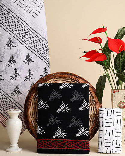 Traditional Black And White Print Cotton Suit With Mulmul Dupatta (BSCOTMU31)