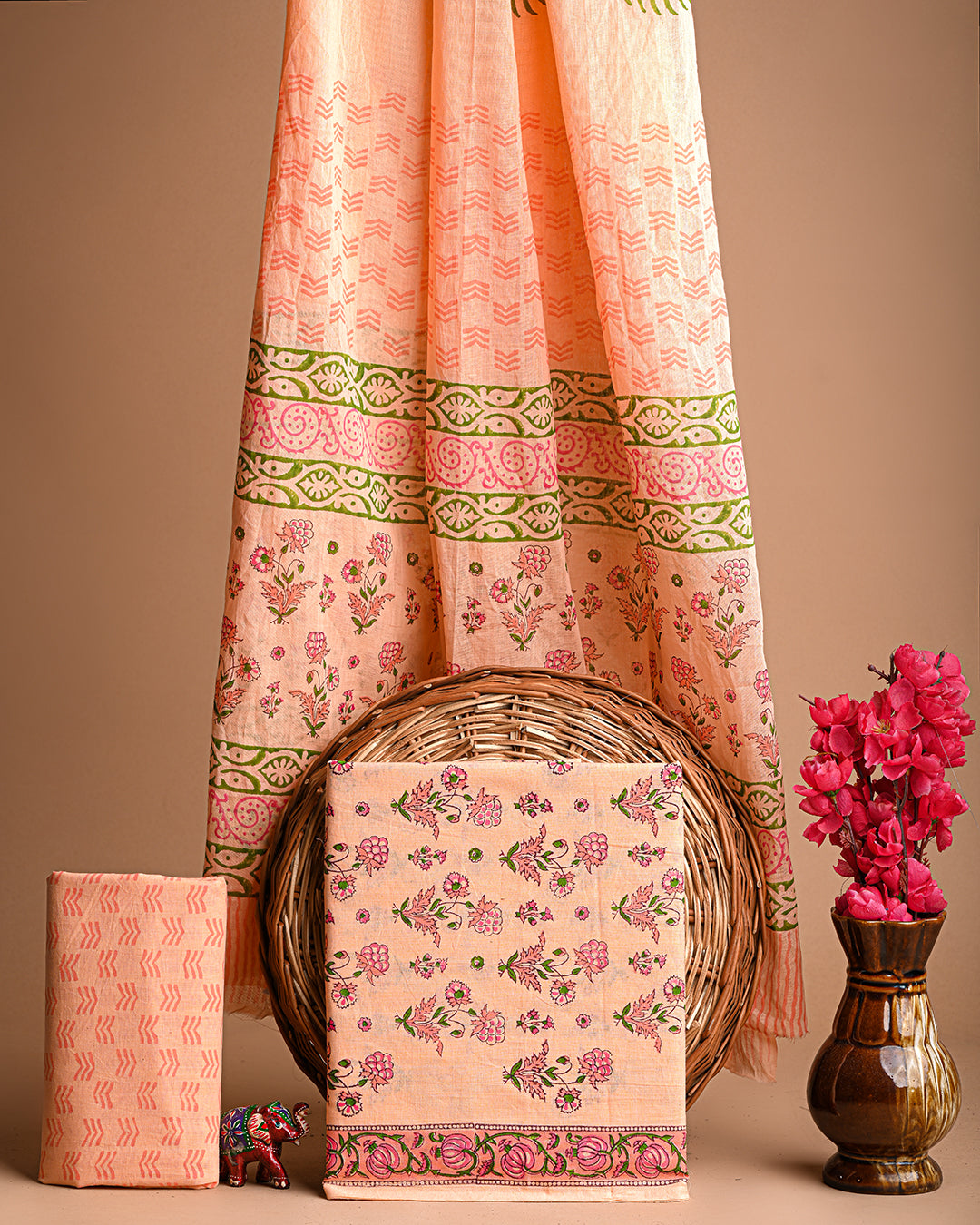Premium Peach Hand Block Printed Cotton Suit With Cotton Dupatta (BSCOTMU16)