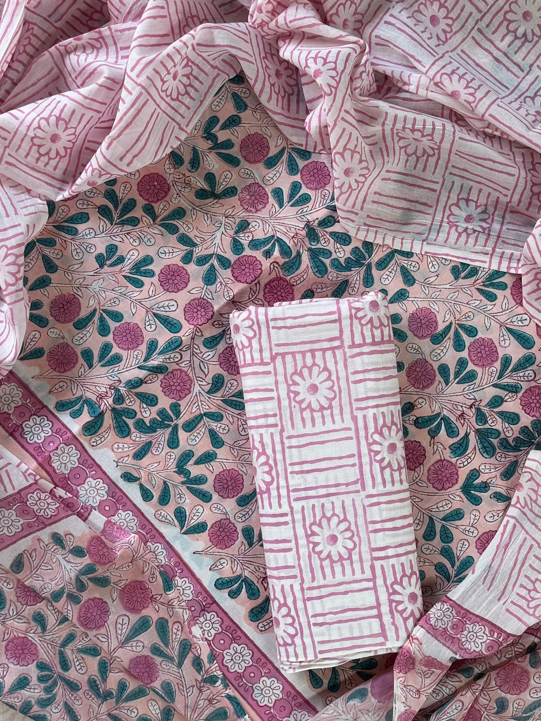 Pink  floral Hand Printed Cotton Suit With Cotton Dupatta COCOTMU13