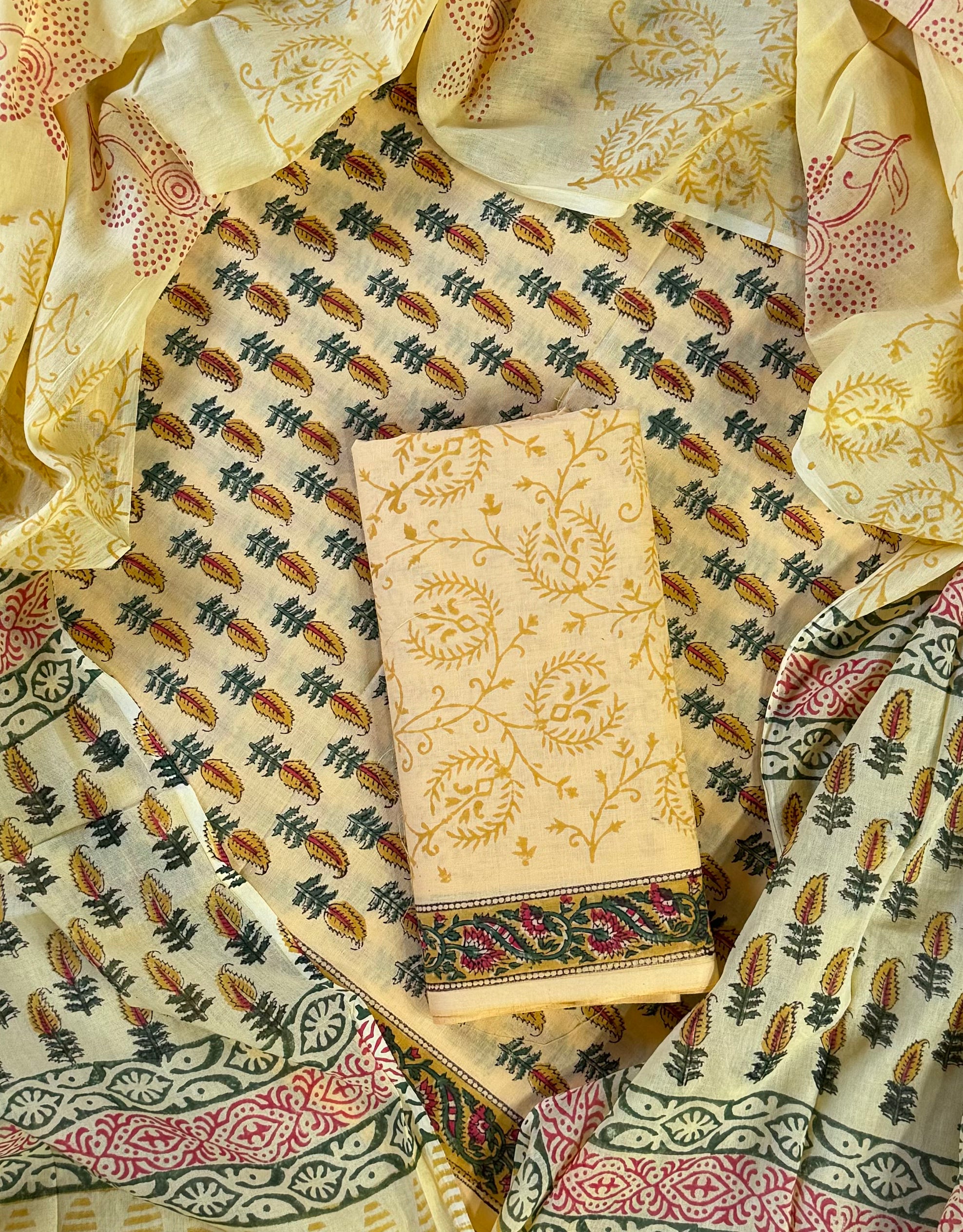 Yellow Hand Printed Cotton Suit With Cotton Dupatta COCOTMU09
