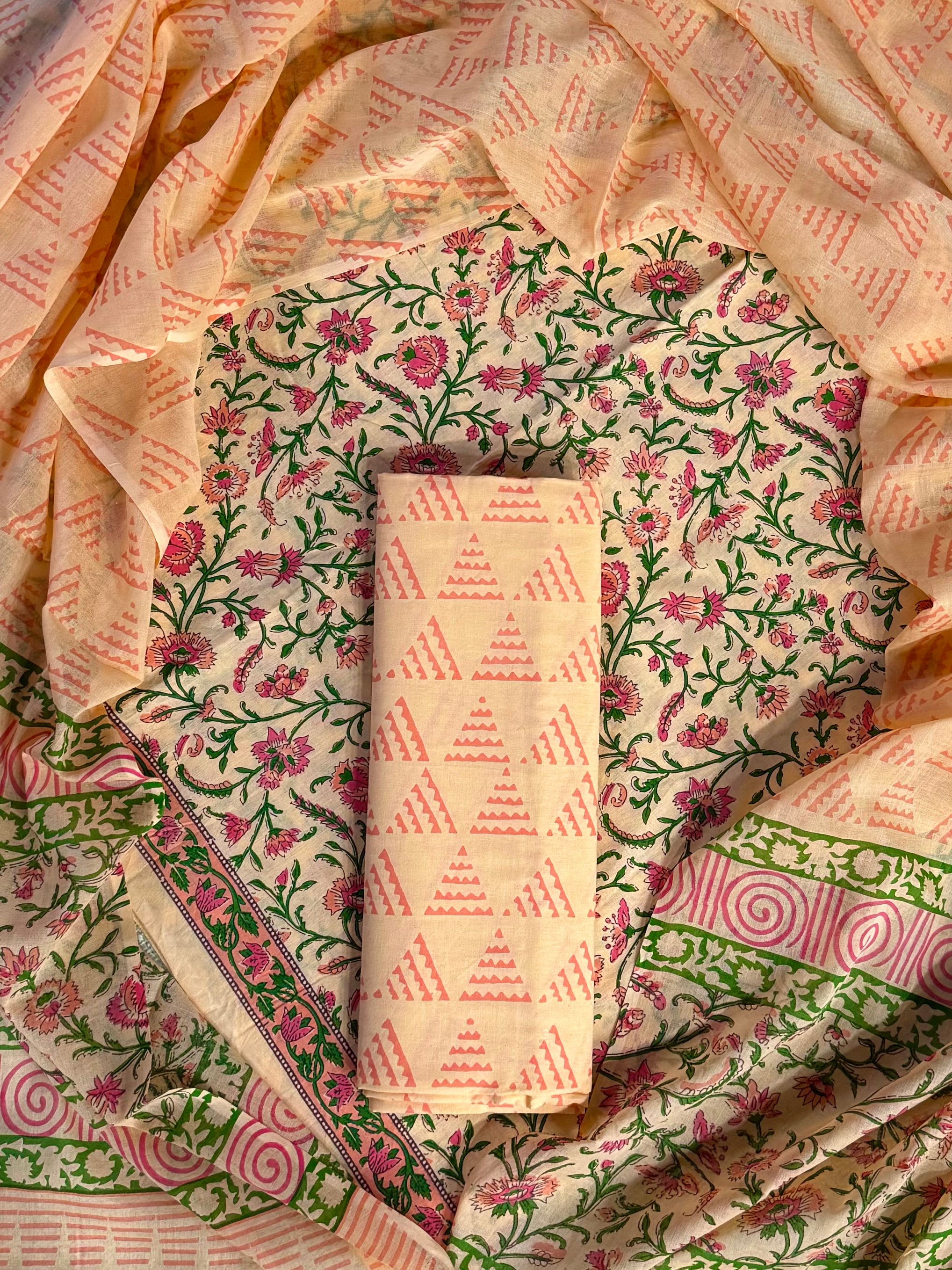 New Peach Hand Block Printed Cotton Suit With Mulmul Duptta  COCOTMU10
