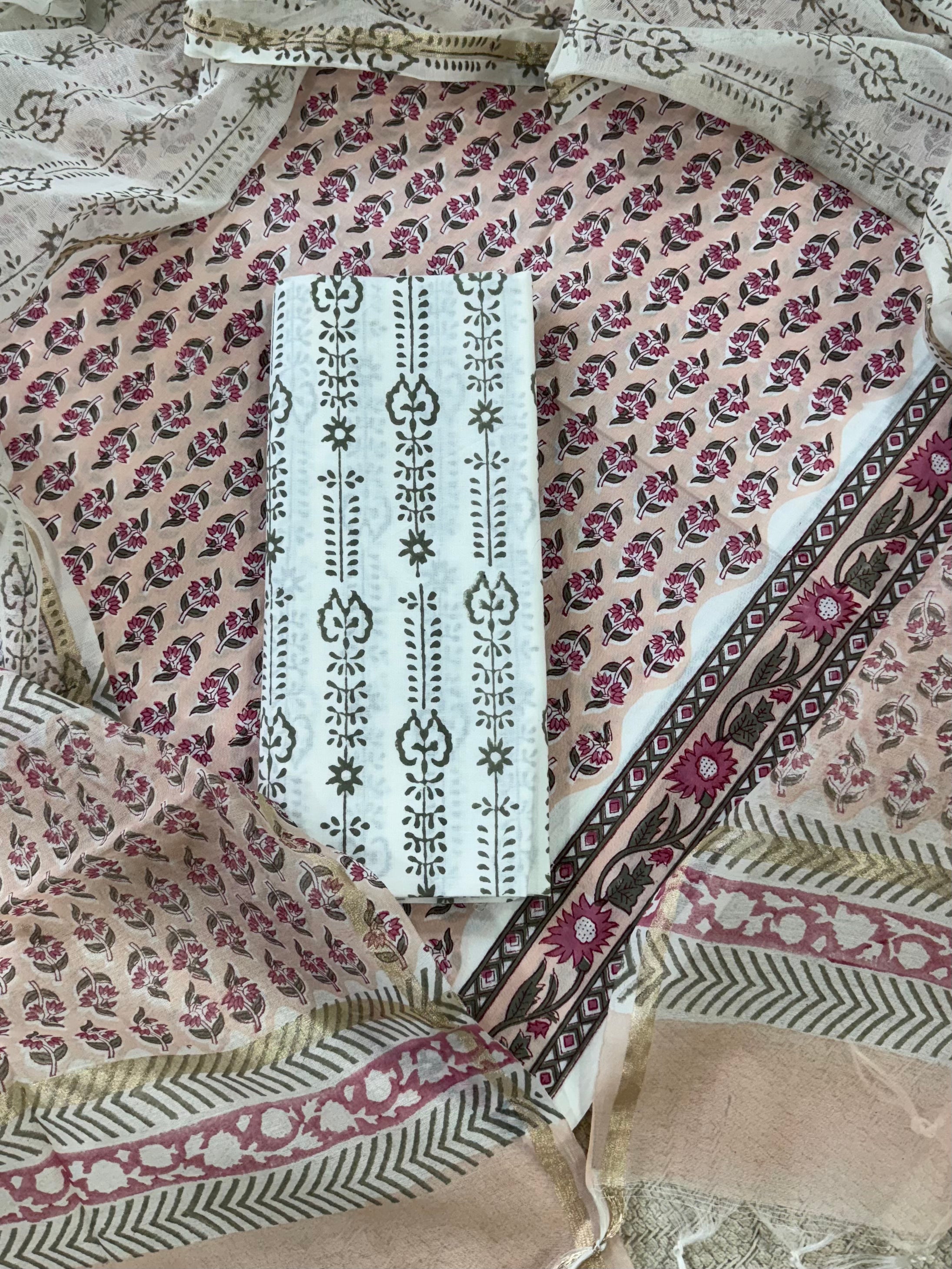 New Hand Block Printed Cotton Suit With Chnaderi Dupatta BSCD10
