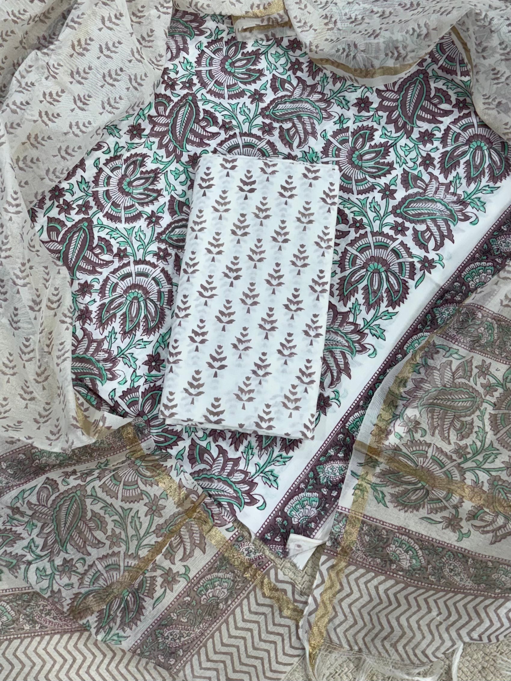 New Hand Block Printed Cotton Suit With Chnaderi Dupatta BSCD24