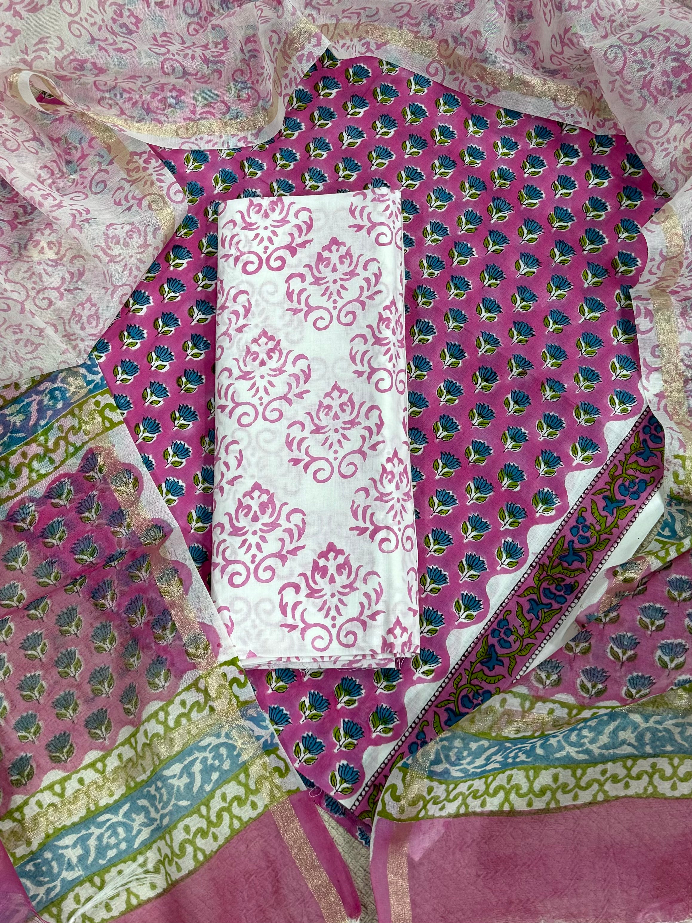 New Hand Block Printed Cotton Suit With Chnaderi Dupatta BSCD14