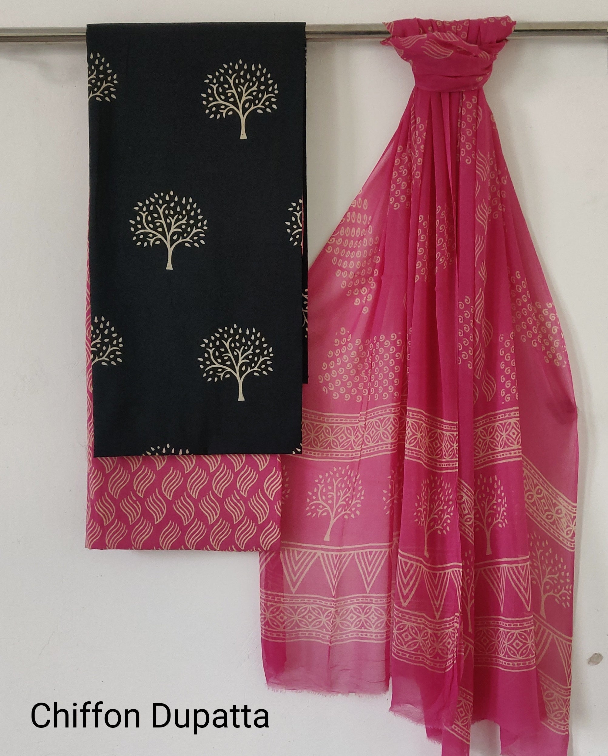 Premium  Light Pink and Black Hand Block Printed Cotton Suit With Chiffon Dupatta(COCOTCH04)