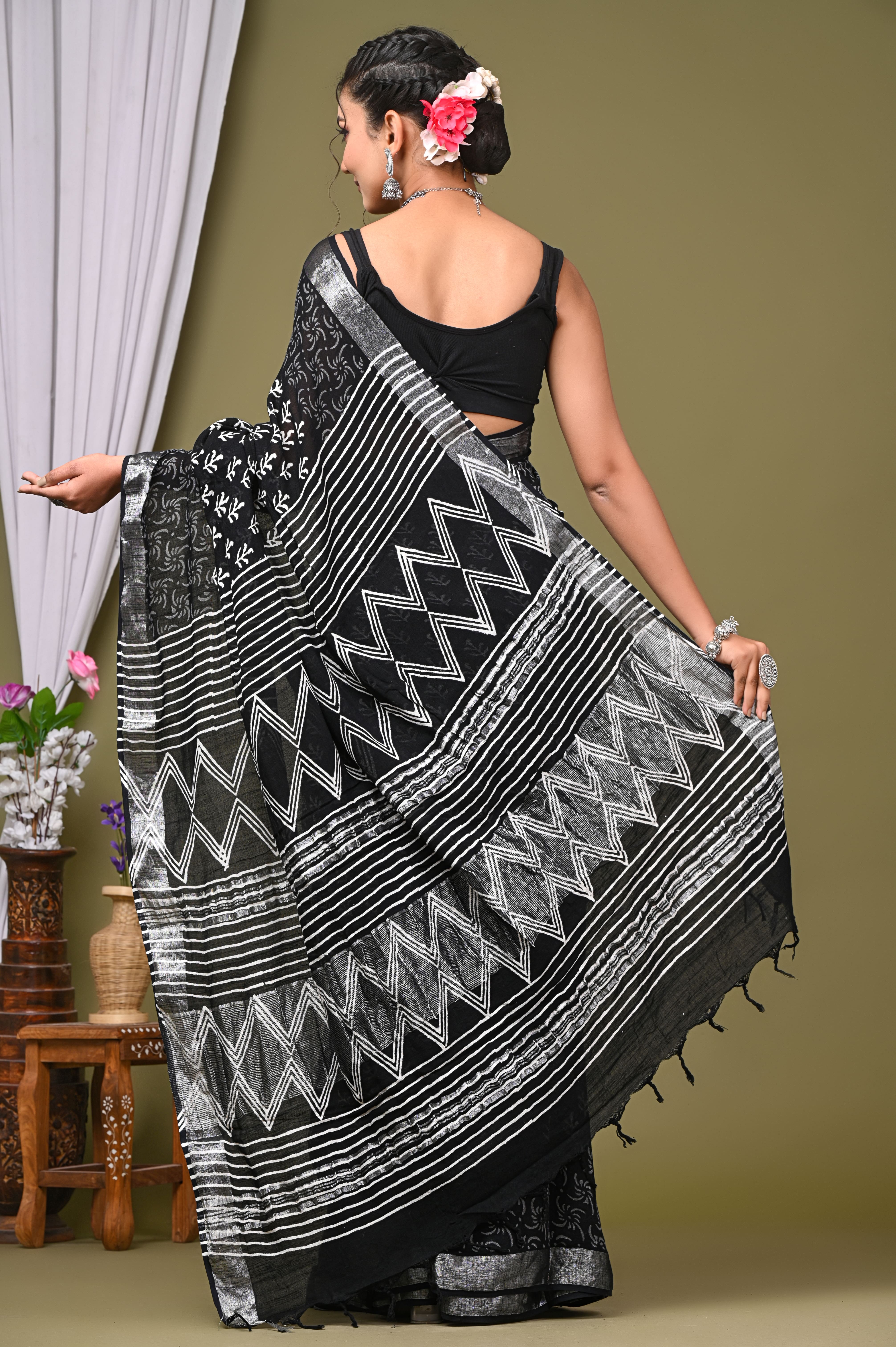 Premium Black  Bagru Print Lilen Saree EALICS14