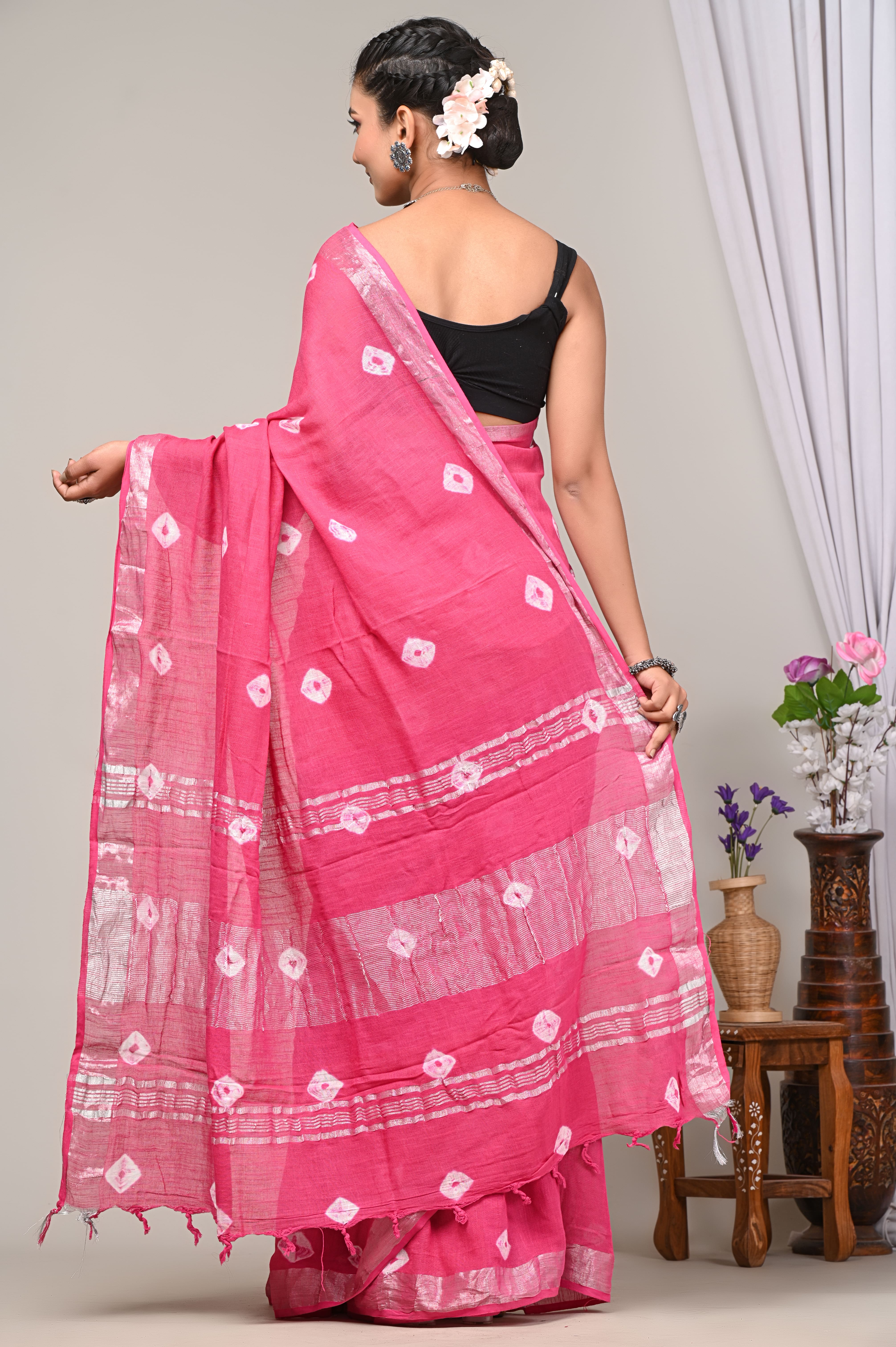 Premium  Pink Sanganeri  Print Lilen Saree EALICS05