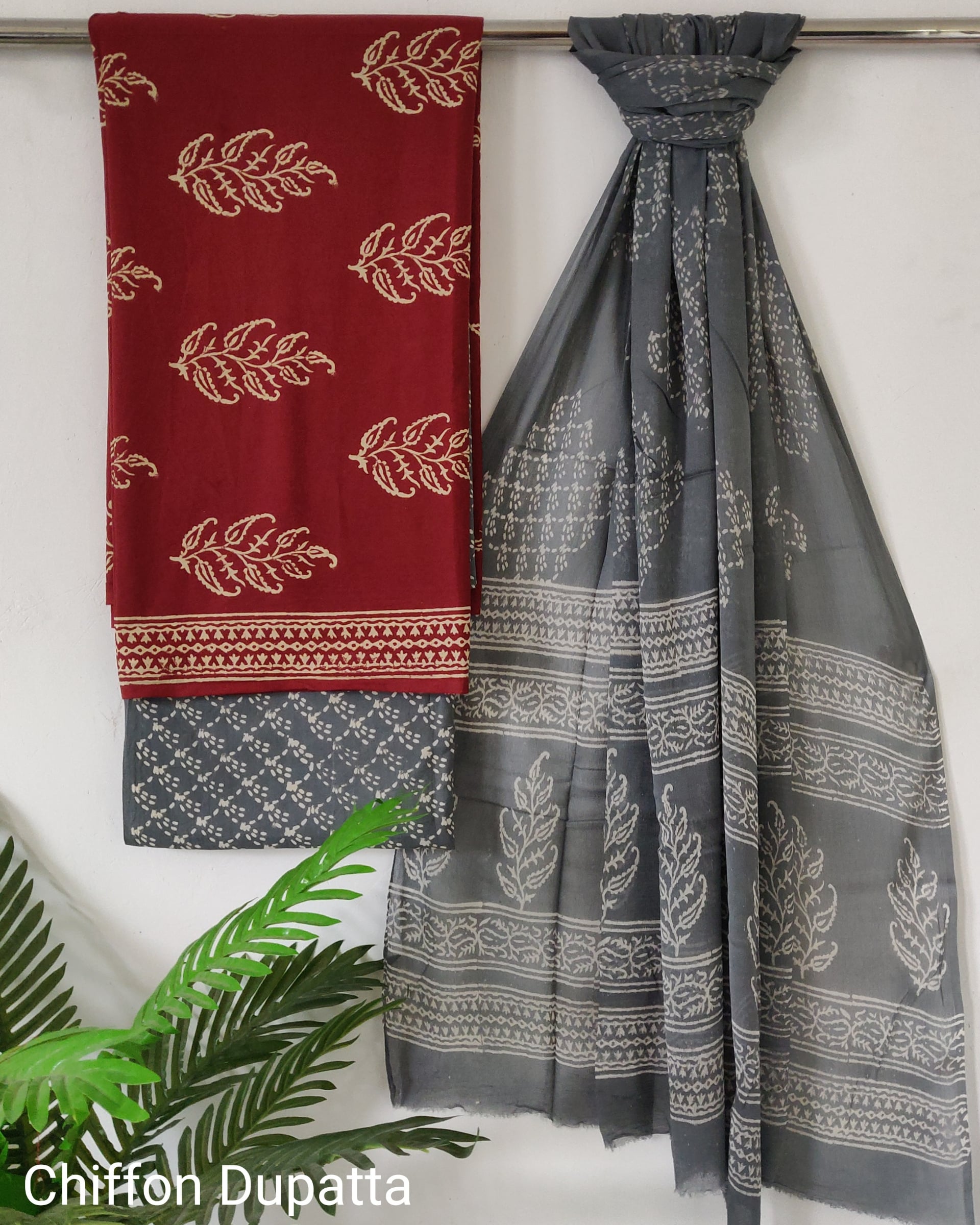 New Grey and Maroon Hand Block Printed Cotton Suit With Chiffon Dupatta COCOTCH05