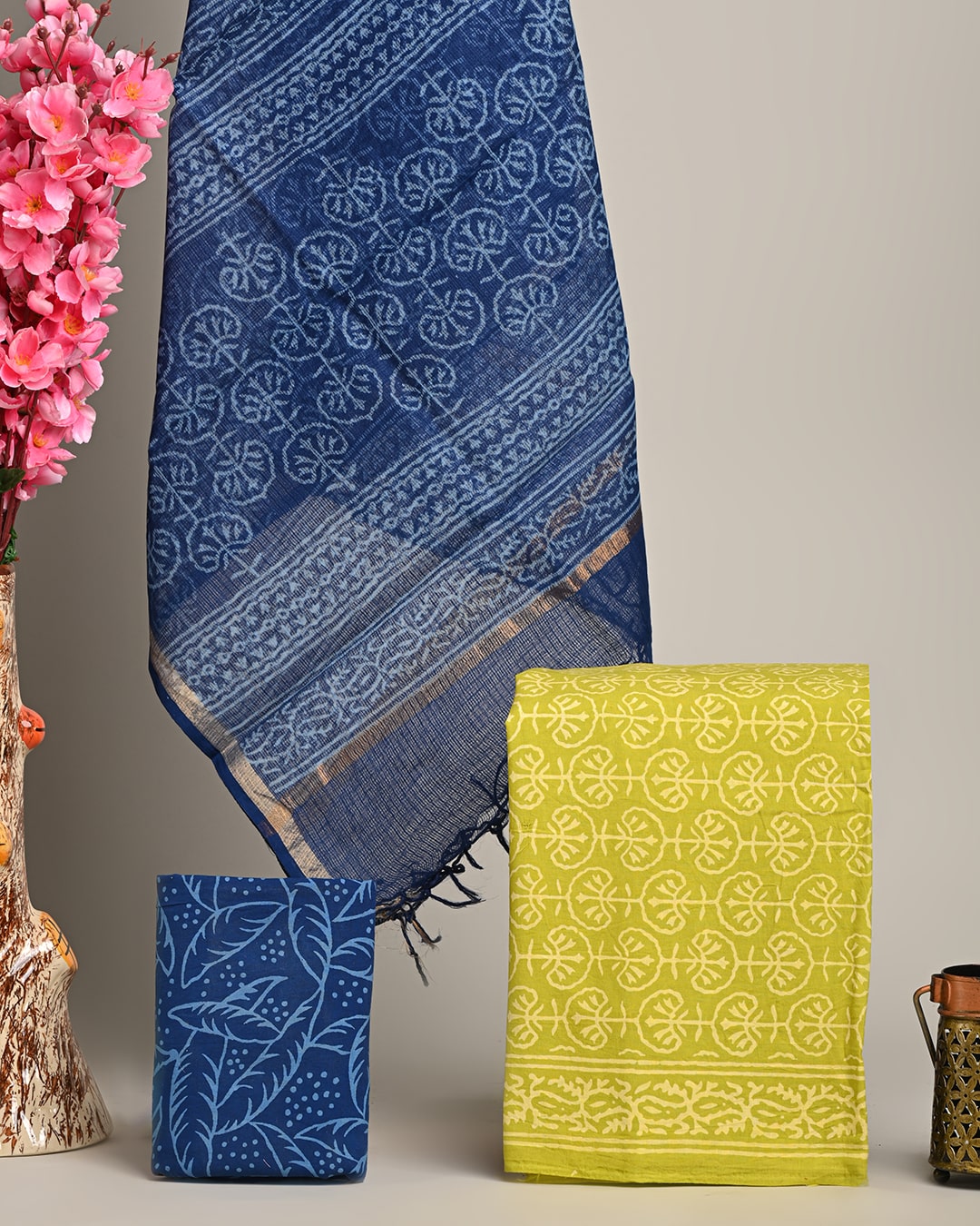Traditional  Yellow and Blue Hand Block Print Cotton Sets With Kota Dupatta (COCOTKO03)