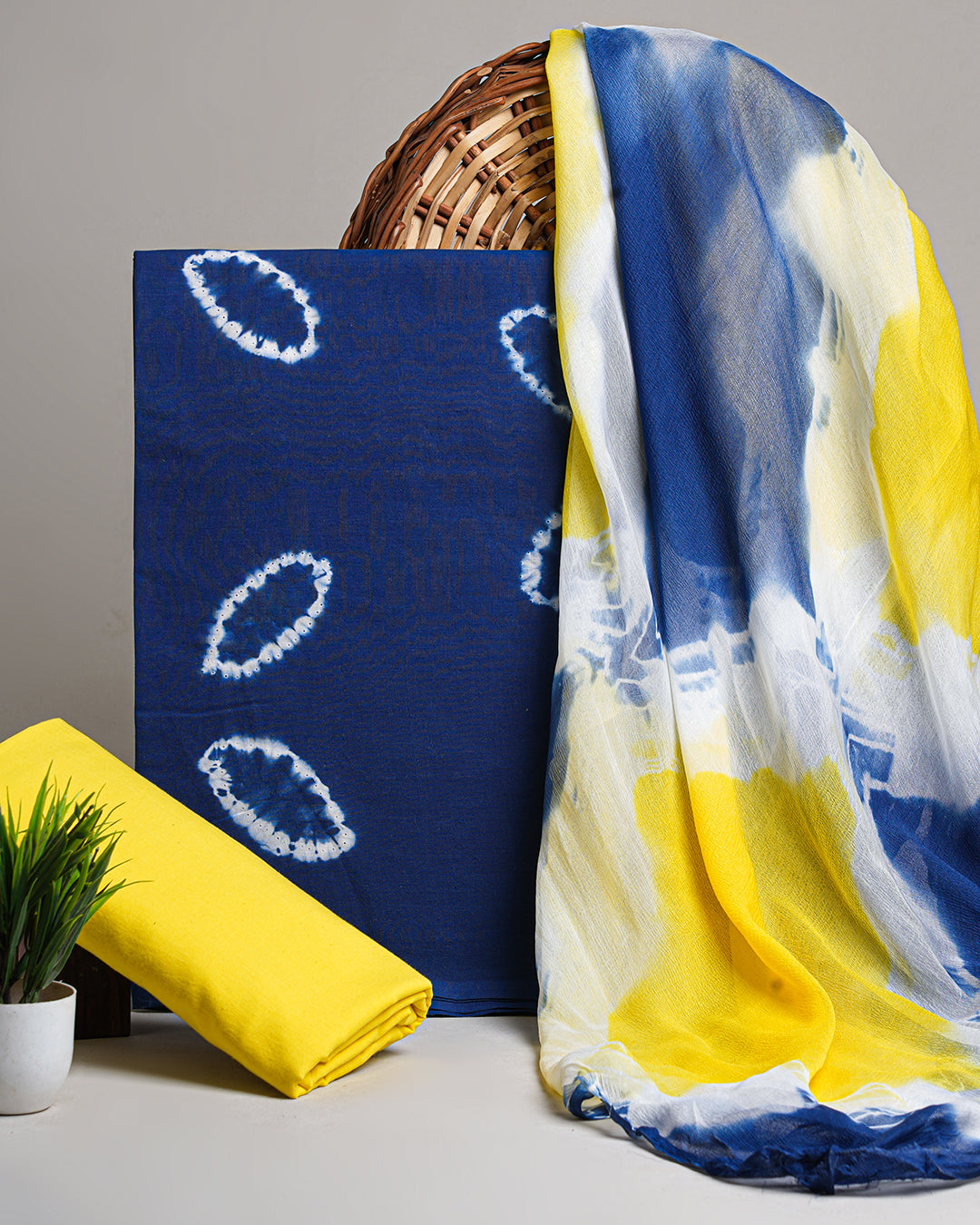 Traditional  Yellow and Blue Hand Block Print Cotton Sets With Chiffon Dupatta EACOTCH44