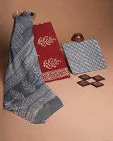 Premium Hand Block Napthol Print Cotton Suit With Chiffon Dupatta(EACOTCH39)