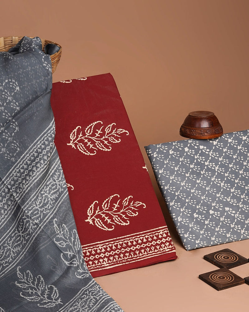 Premium Hand Block Napthol Print Cotton Suit With Chiffon Dupatta(EACOTCH39)