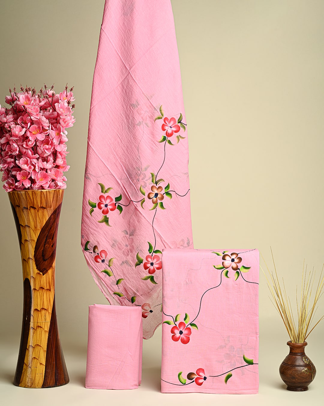 Traditional  Pink Floral  Hand Painted Cotton Suit With Cotton Dupatta (EACOTMU14)