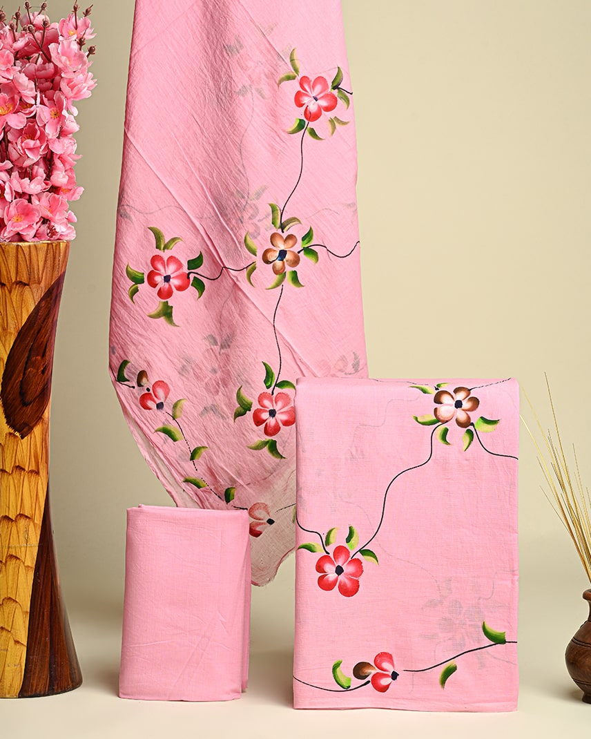 Traditional  Pink Floral  Hand Painted Cotton Suit With Cotton Dupatta (EACOTMU14)