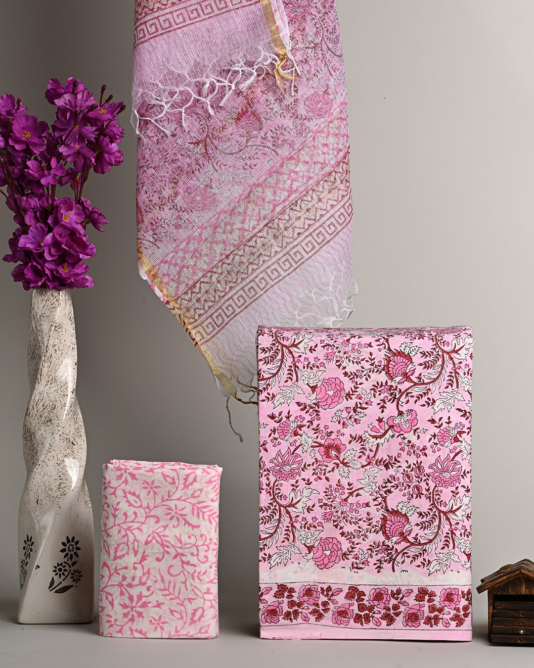 Premium Pink Floral Jaal Cotton Suit With Kota Doria Dupatta COCOTKO01
