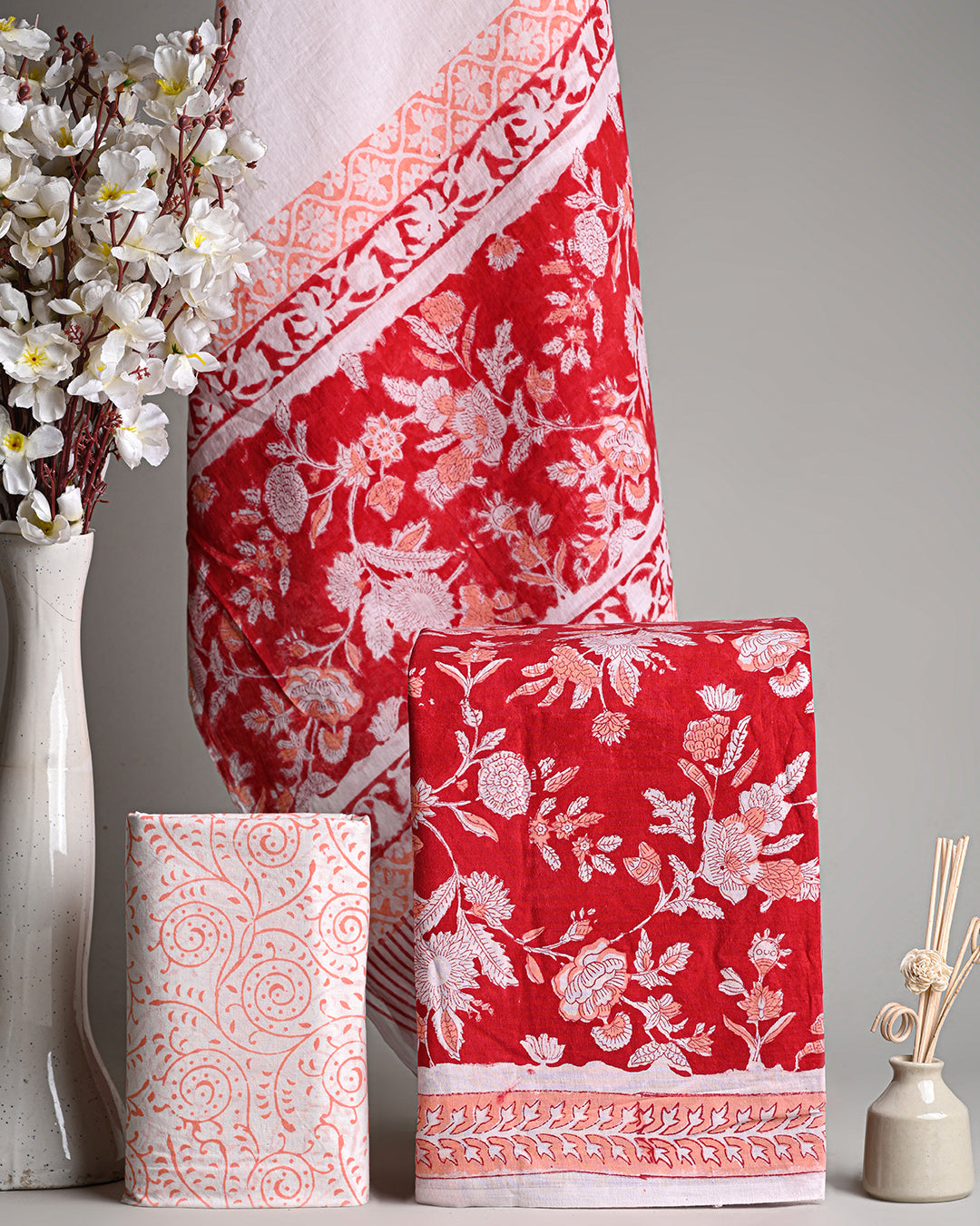 Designer  Red Floral Hand Printed Cotton Suit With Cotton Dupatta COCOTMU08