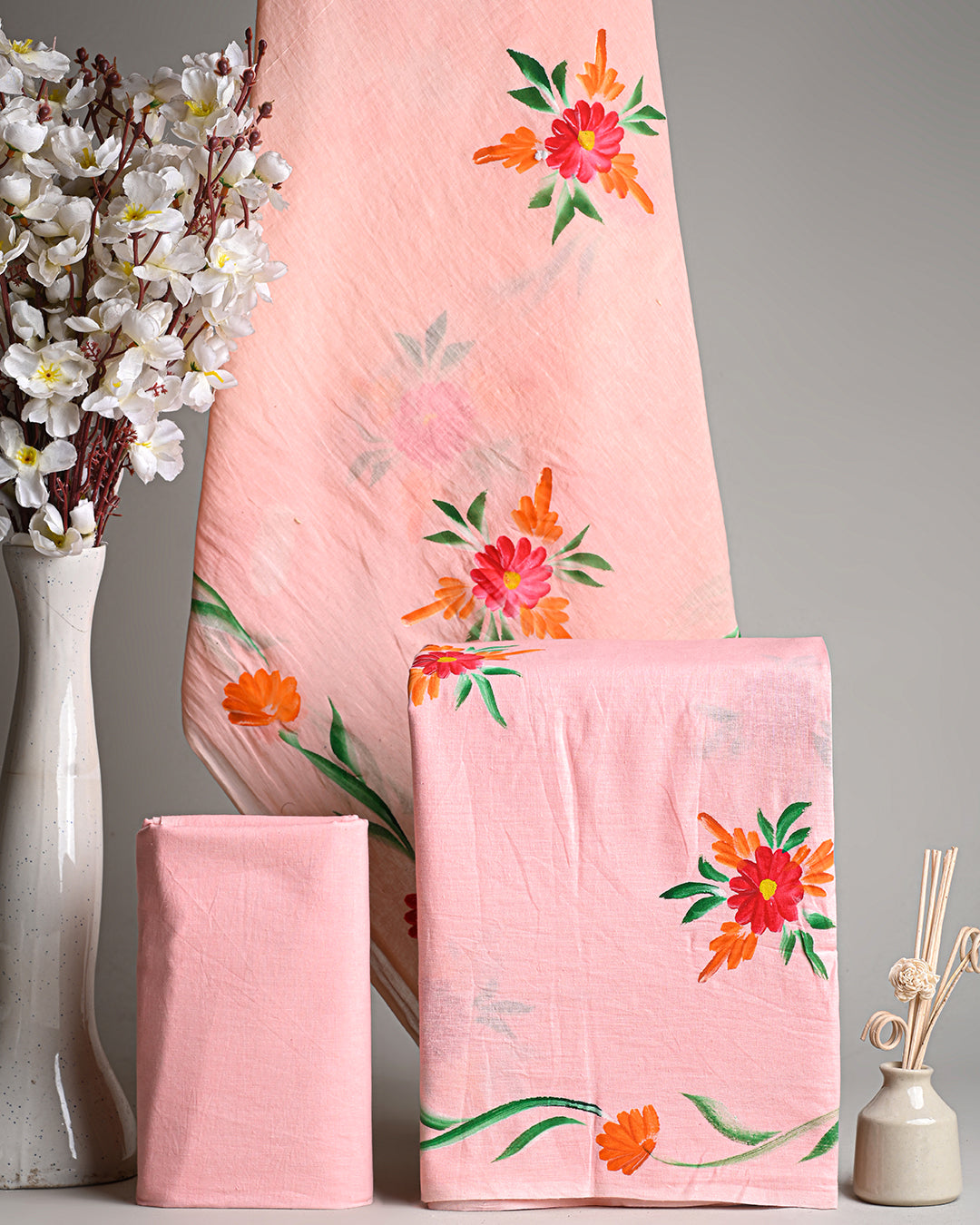 Designer  Pink Red Floral Hand Painted Cotton Suit With Cotton Dupatta COCOTMU07