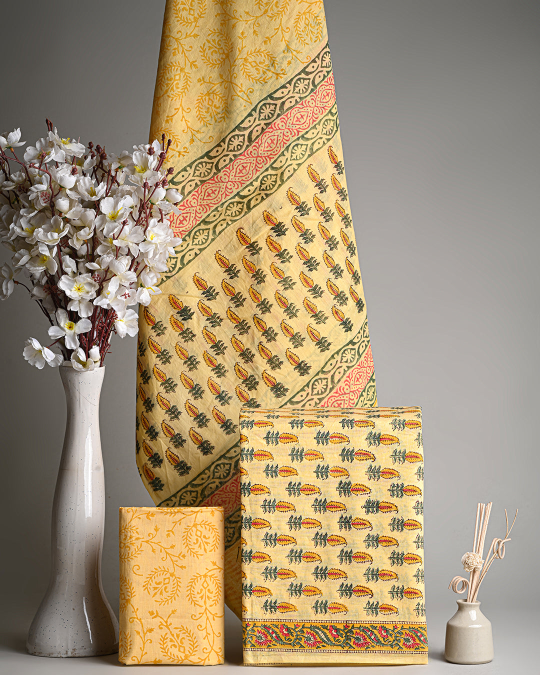 Yellow Hand Printed Cotton Suit With Cotton Dupatta COCOTMU09