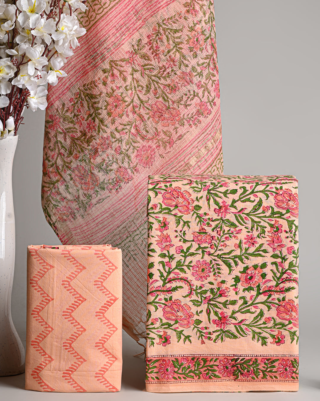 Exclusive Peach Jaal  Hand Block Print Cotton Suit With Kota Dupatta (EACOTKO44)