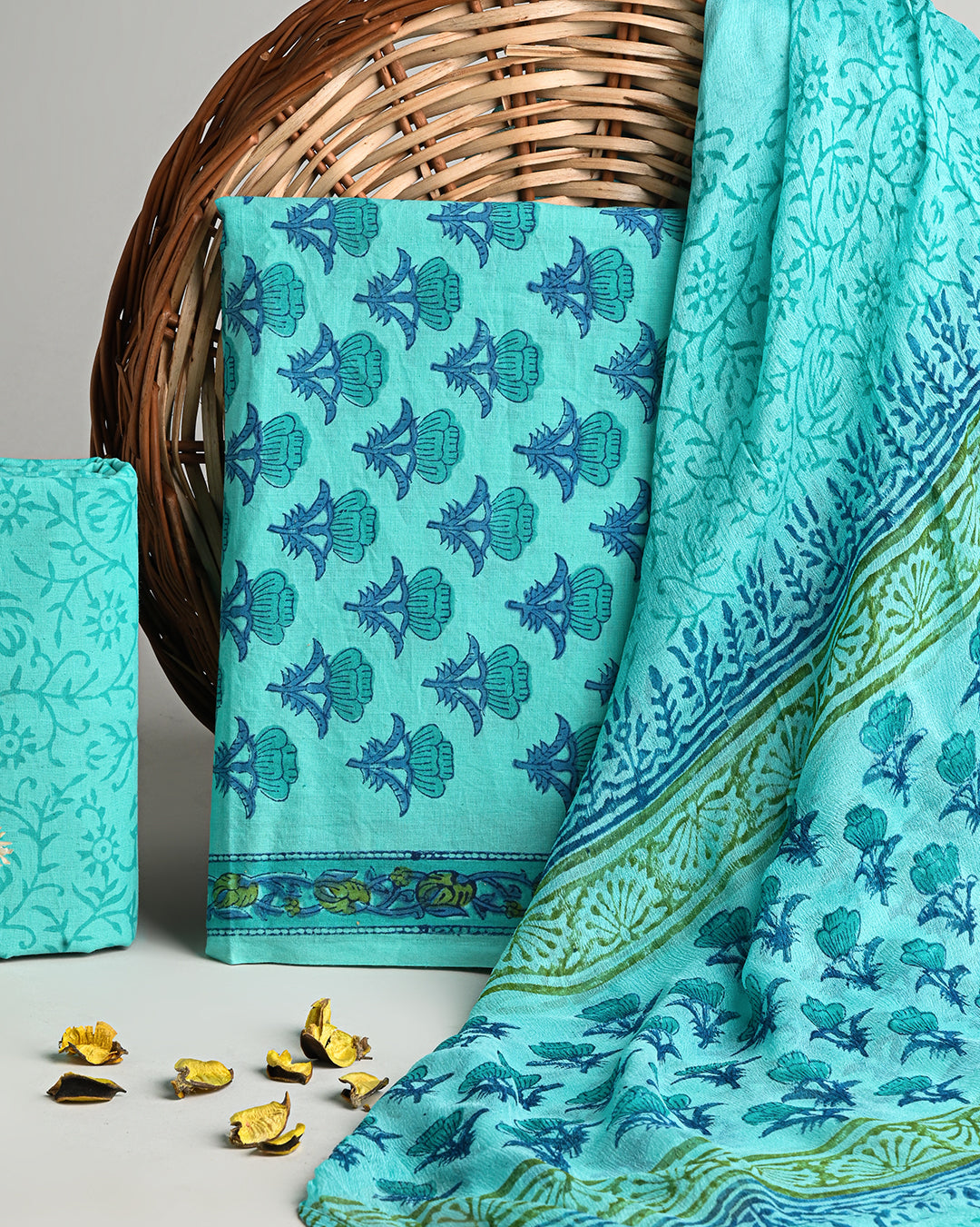 Blue Floral Jaal Printed Cotton Suit With Chiffon Dupatta COCOTCH10