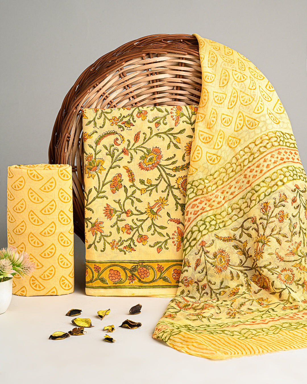 Exclusive Yellow Jaal Printed Cotton Suit With Chiffon Dupatta  COCOTCH13